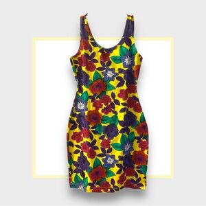 Area Code Vintage 90’s Colorful Floral Mini Wiggle Dress w Low/Cut Out Back
